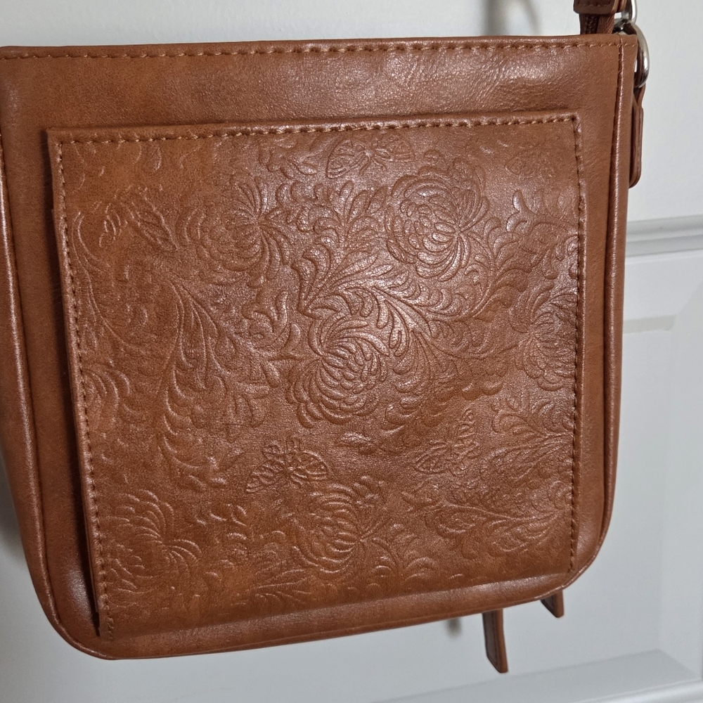 Embossed Floral Brown Leather Crossbody